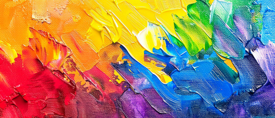 A close-up of an abstract, rough, colorful painting texture featuring a spectrum of rainbow colors.