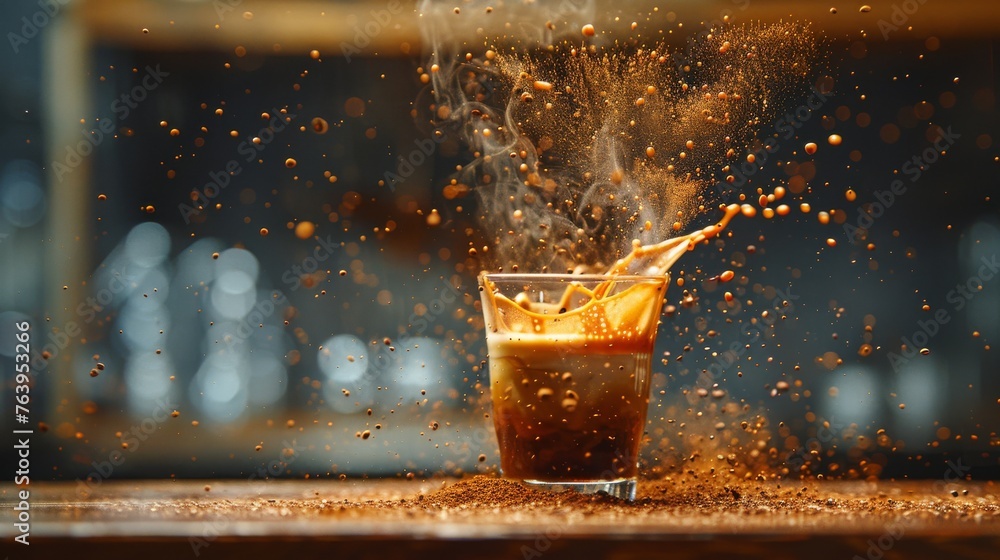 Poster dynamic espresso shot with an energetic coffee splash on a warm background