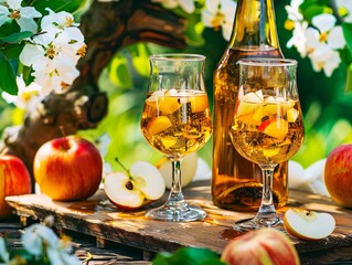 Apple wine poured into delicate glasses - 763953221