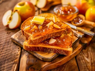 Toast generously spread with butter and homemade apple jam - 763953233