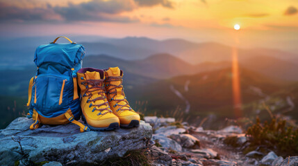 Yellow hiking shoes and a blue hiking backpack rest atop a high hill or rock, silhouetted against the setting sun, capturing the essence of adventure and exploration. - obrazy, fototapety, plakaty