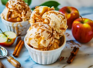 Apple Cake Ice Cream with Apple Compote and Cinnamon - 763953263