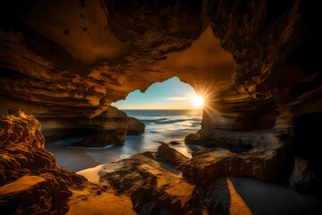 Sea Caves beach cave sun horizon - obrazy, fototapety, plakaty