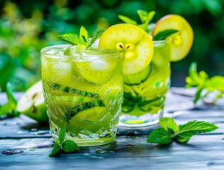 Apple-Cucumber-Mint Cooler Garnished with Apple Slices and Fresh Mint Leaves - 763953284