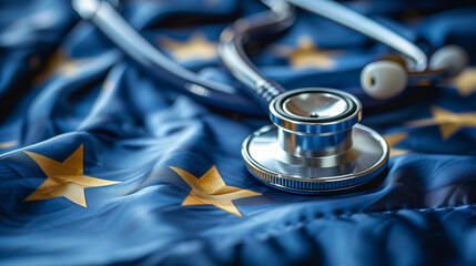 Close-up of a medical stethoscope on the European Union flag, focused healthcare concept AI-Generated - obrazy, fototapety, plakaty