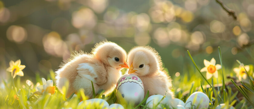 Two adorable chicks are surrounded by brightly painted Easter eggs in a meadow with blooming daffodils, capturing the festive spirit of Easter.