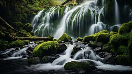 Moss covered rocks and clear water at pristine waterfall - obrazy, fototapety, plakaty