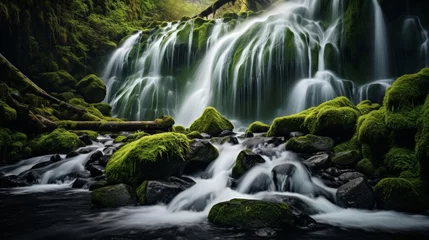 Selbstklebende Fototapeten Moss covered rocks and clear water at pristine waterfall © stocksbyrs