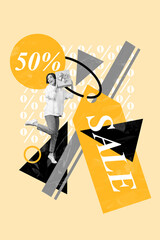 Vertical creative photo collage standing young joyful excited woman hold giftbox surprise shopping special offers sales low prices