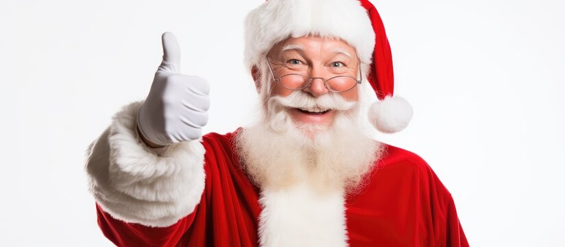 An image of Santa Claus joyfully expressing approval by raising both hands and giving a thumbs-up gesture