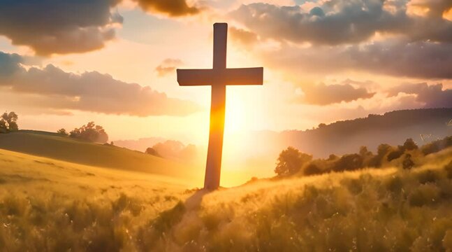 Ascension day concept The cross on meadow autumn sunrise background Video