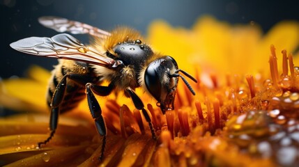 Macro of a bee on a yellow flower Shallow depth of field - obrazy, fototapety, plakaty