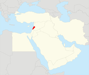  Red simple CMYK blank political map of LEBANON with black national country borders on gray  continent background and blue sea surfaces using orthographic projection of the highlighted beige Middle Ea