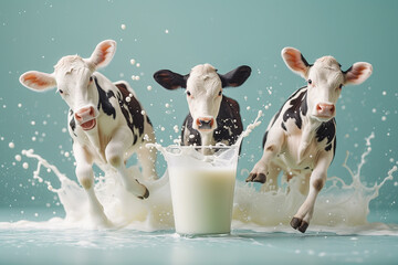 Cow with a glass of milk, animal welfare in industry, dairy product, agriculture and production
