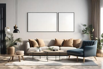 Stylish Living Room Interior with Mockup Frame Poster, Modern interior design, 3D render.