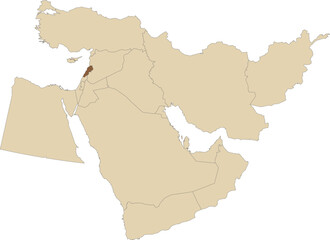  Dark brown detailed CMYK blank political map of LEBANON with black national country borders on transparent background using orthographic projection of the light brown Middle East