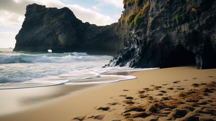 Rugged cliffs and crashing waves at a secluded beach background