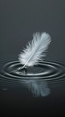 a feather slowly descending onto the surface of still water