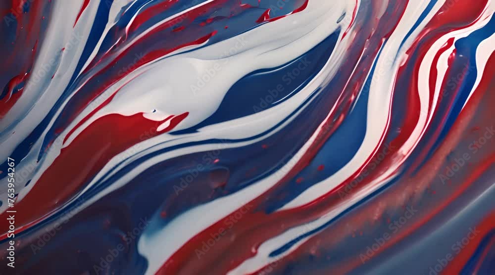 Poster mix of red white blue color paints with blended drops on fluid while forming abstract patterns again