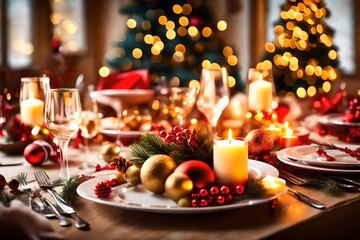 Christmas Dinner table top, beautifully decorated with creamy bokeh christmas lights in the background  - obrazy, fototapety, plakaty
