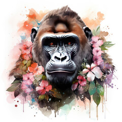 watercolor Gorilla Flowers clipart, Generative Ai