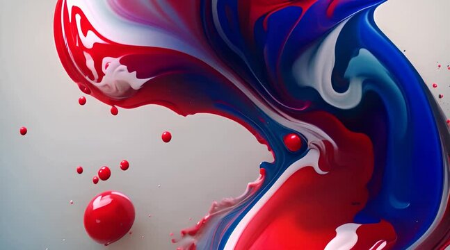 Mix of red white blue color paints with blended drops on fluid while forming abstract patterns against blue background
