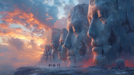 A group of individuals standing together at the edge of a high cliff, overlooking the vast landscape below. The people appear united as they take in the breathtaking view - obrazy, fototapety, plakaty