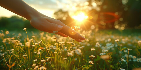 Close up of woman's hand touching grass in meadow at sunrise or sunset light, banner - obrazy, fototapety, plakaty