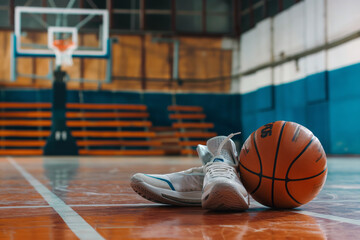 Basketball Shoes and Ball on Wooden Parquet Court. Basketball Basket in the Background. Basketball Training Equipment - obrazy, fototapety, plakaty