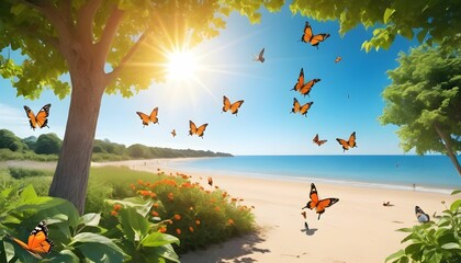 Happy summer season background with having garden full of trees butterflies and birds along with bight sun and clear sky and behind all of them a hustling and beautiful beach