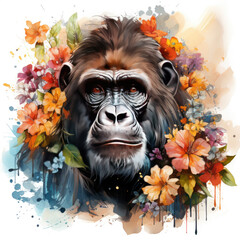 watercolor Gorilla Flowers clipart, Generative Ai