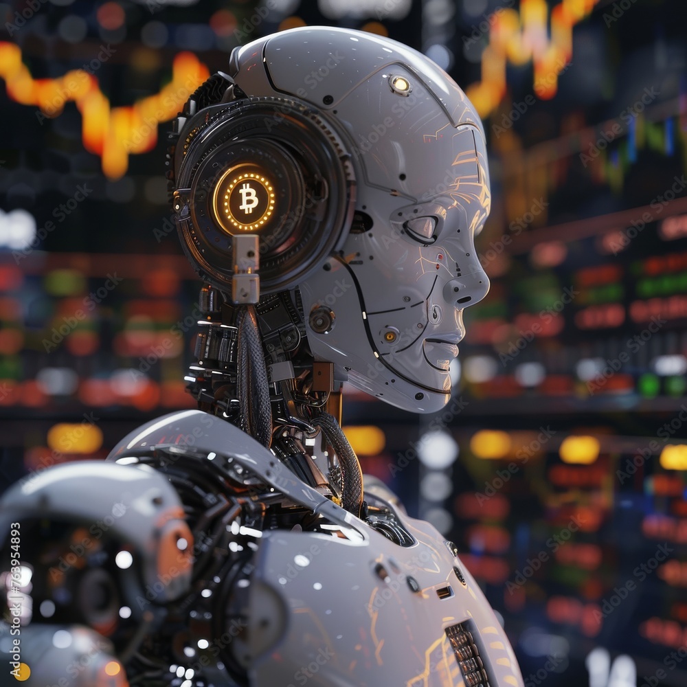 Aufkleber an android's profile with a bitcoin symbol illuminated on its head, representing the convergence of 