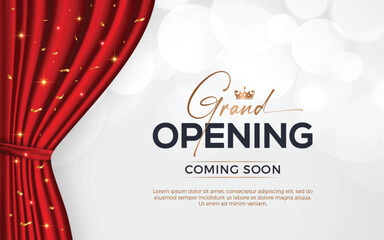 Realistic grand opening invitation banner with red curtains, golden elements and 3d editable text effect