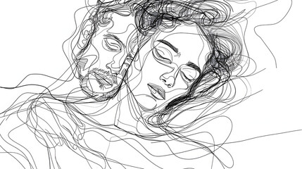 Abstract one line art drawing of a woman leaning on a man's chest, one line art smooth lines drawing