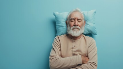 Elderly man sleeping on pillow isolated on pastel blue colored background Sleep deeply peacefully rest. Top above high angle view photo portrait of satisfied .senior wear brown shirt