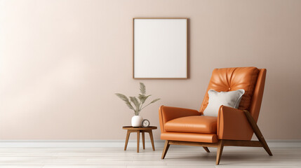 Retro orange armchair and table with decor in front of an empty wall. 3d rendering