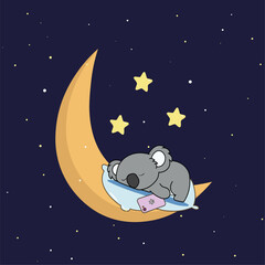 A gray koala sleeps on the moon and holds a pink phone. Koala against the backdrop of a starry blue sky.