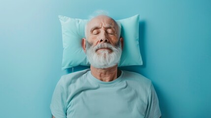Elderly man sleeping on pillow isolated on pastel blue colored background Sleep deeply peacefully...