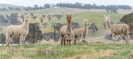 Charming alpacas leisurely feeding on lush mountain pasture in a tranquil scenic setting
