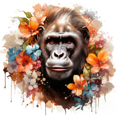 watercolor Gorilla Flowers clipart, Generative Ai