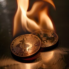 The image captures Bitcoin tokens ablaze, set against a wooden surface, suggesting the burning of financial resources or heated market conditions.