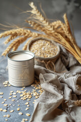 Glass of milk, a bowl of oats, and golden wheat stalks on a textured surface. The elements are beautifully arranged against a muted backdrop, evoking a sense of harvest and natural abundance - 763956065