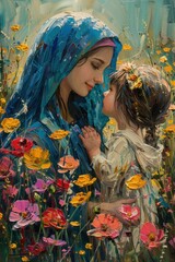 virgin mary with child, abstract impressionism painting