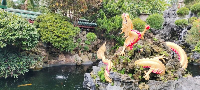 Taiwan-27-7-2023-Golden dragon fountain spraying water in the pond  in front of the Longshan Temple ,located in the Wanhua District of Taipei, Taiwan.