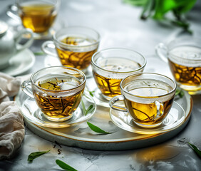 Arrangement of glass cups filled with golden herbal tea. Fresh green leaves float gracefully on the surface, and the soft lighting adds to the inviting atmosphere