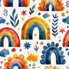  seamless pattern with cute rainbows and clouds clipart collection on white background with margins - obrazy, fototapety, plakaty