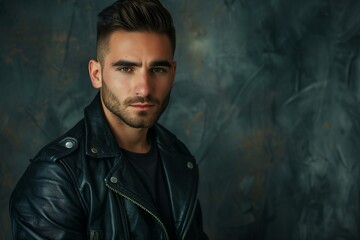 Portrait of a young man with fade haircut and black leather jacket looking at camera.