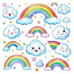 Multiple rainbows arch across the sky, accompanied by fluffy white clouds scattered throughout. Twinkling stars add a touch of magic to the celestial display