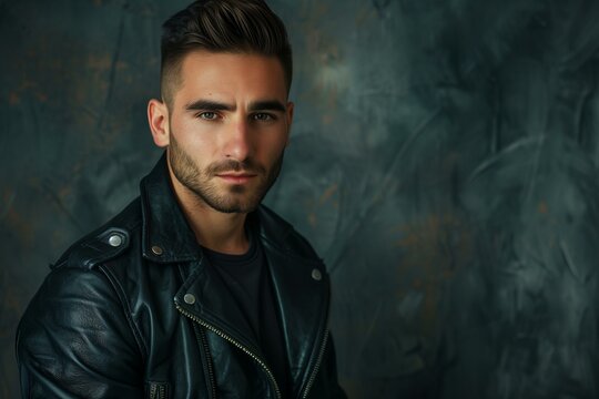 Portrait of a young man with fade haircut and black leather jacket looking at camera.