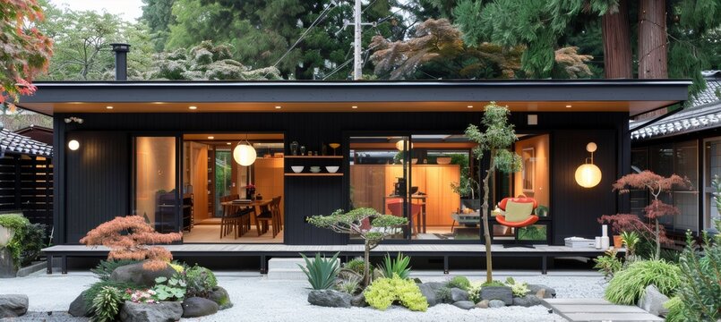 Contemporary black loft house featuring steel frame pavilion with stunning nature views - Powered by Adobe